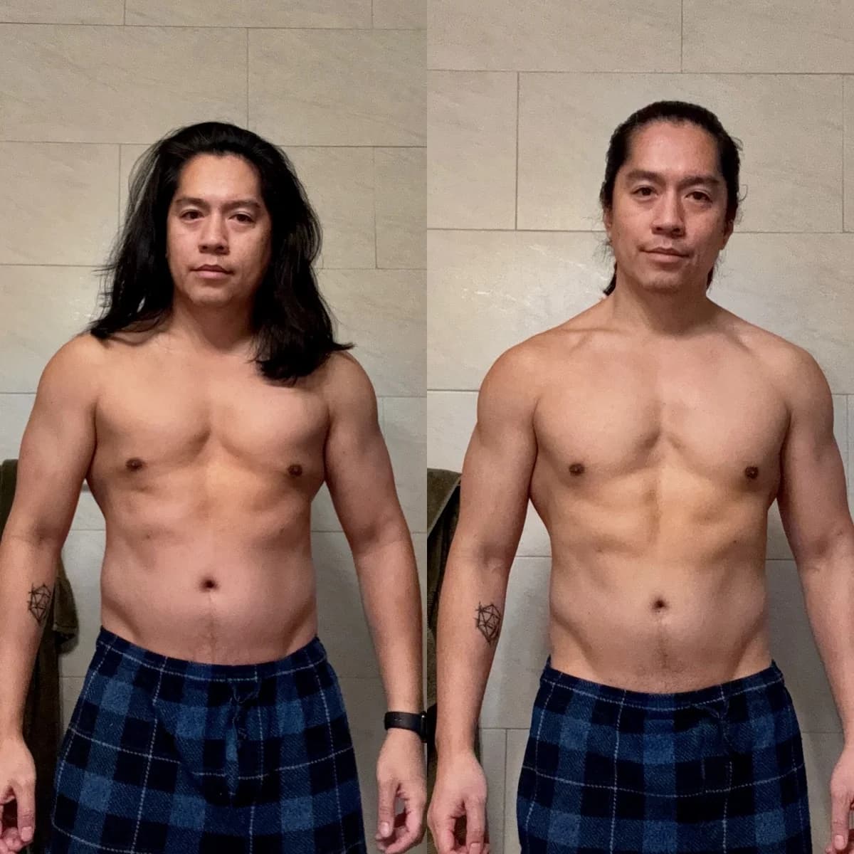 Harry, before and after — 172 lbs next to 160 lbs, fourteen weeks apart