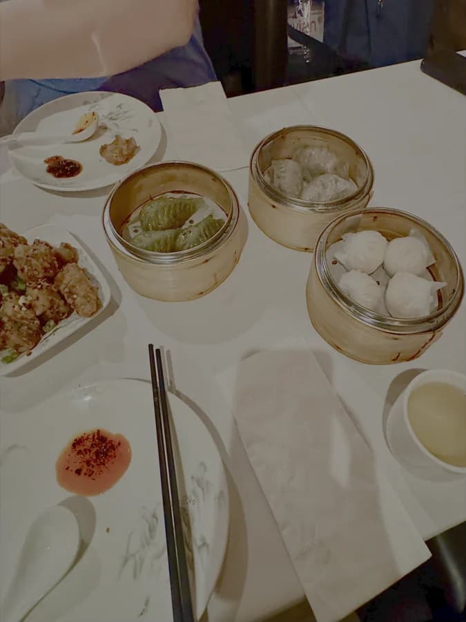 Dim sum spread on a restaurant table