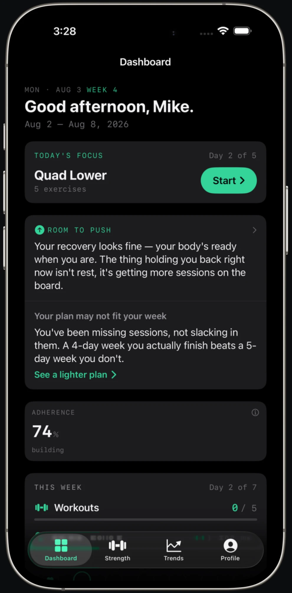 Fortiv dashboard at 74% adherence — the Adherence Engine recommends a lighter plan