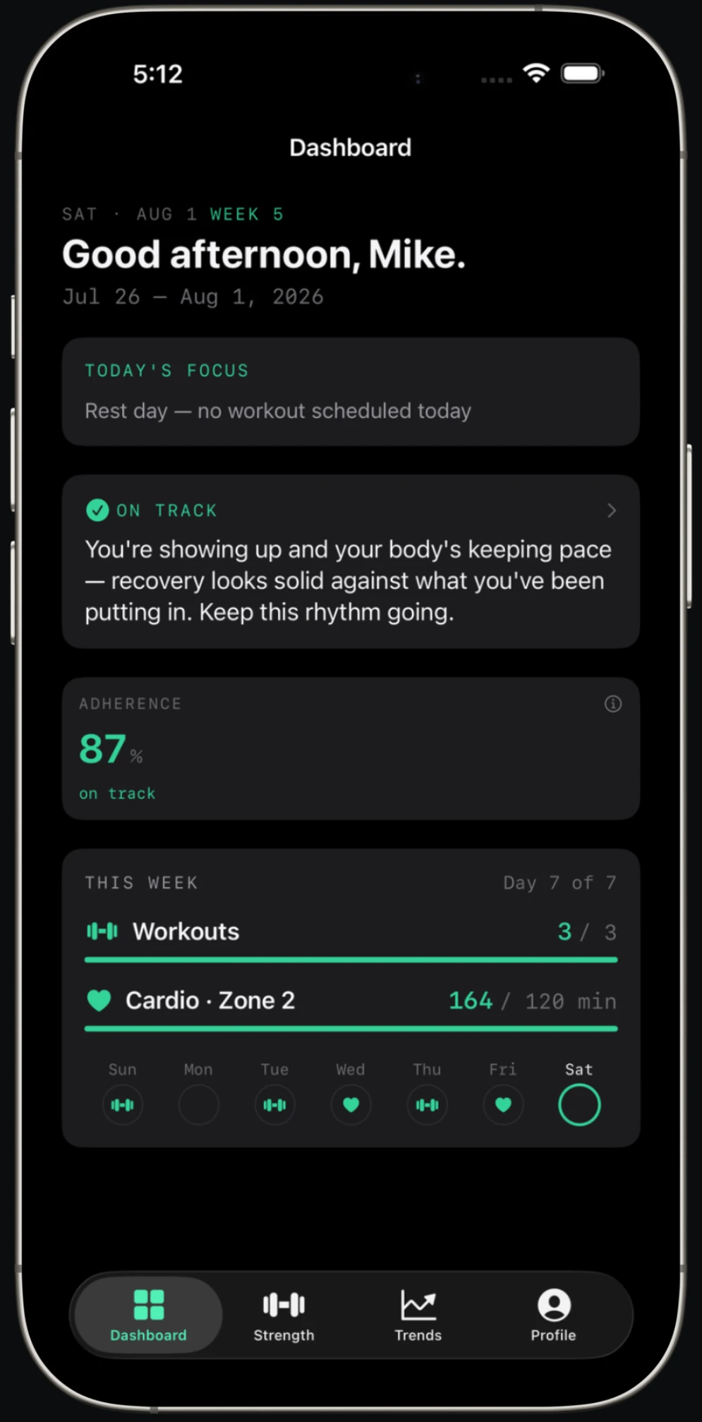 Fortiv dashboard — On Track badge, 87% adherence, weekly workout strip
