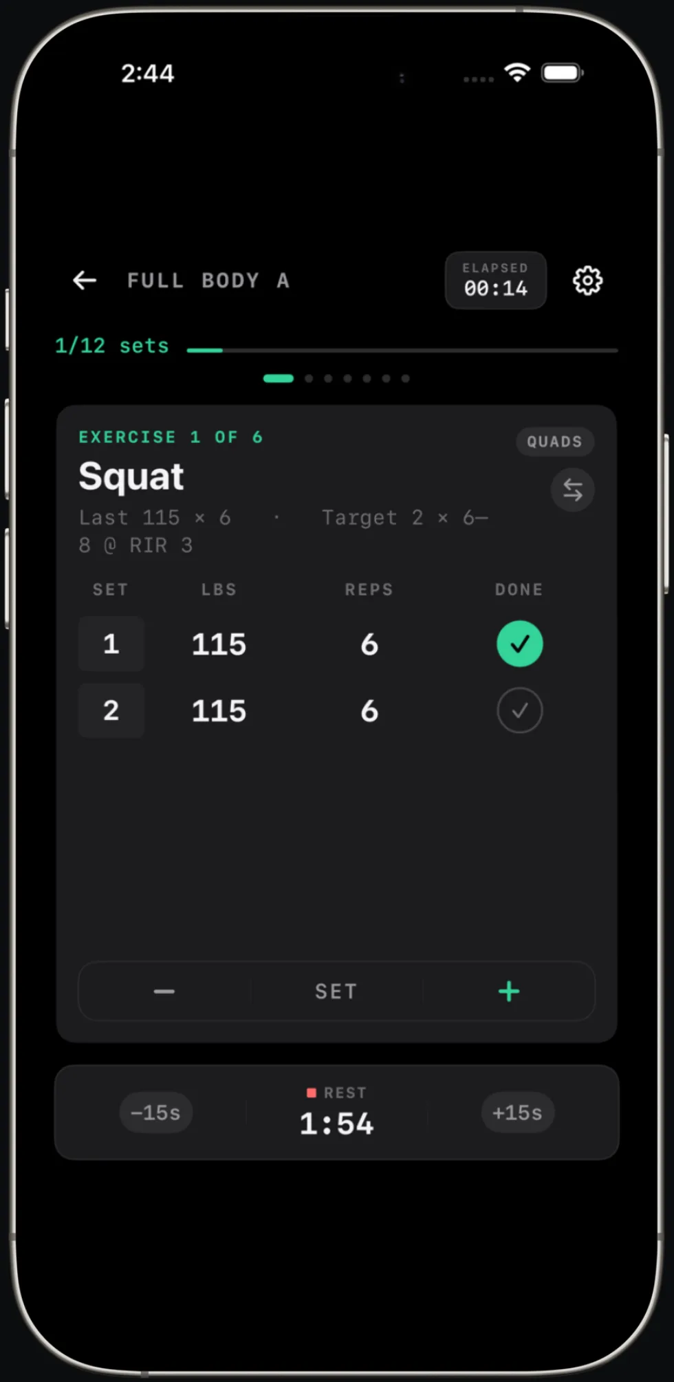 Fortiv strength workout — set logging with progressive overload