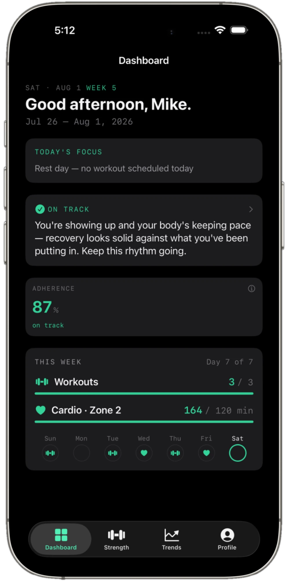 Fortiv dashboard — On Track badge, 87% adherence, weekly workout strip