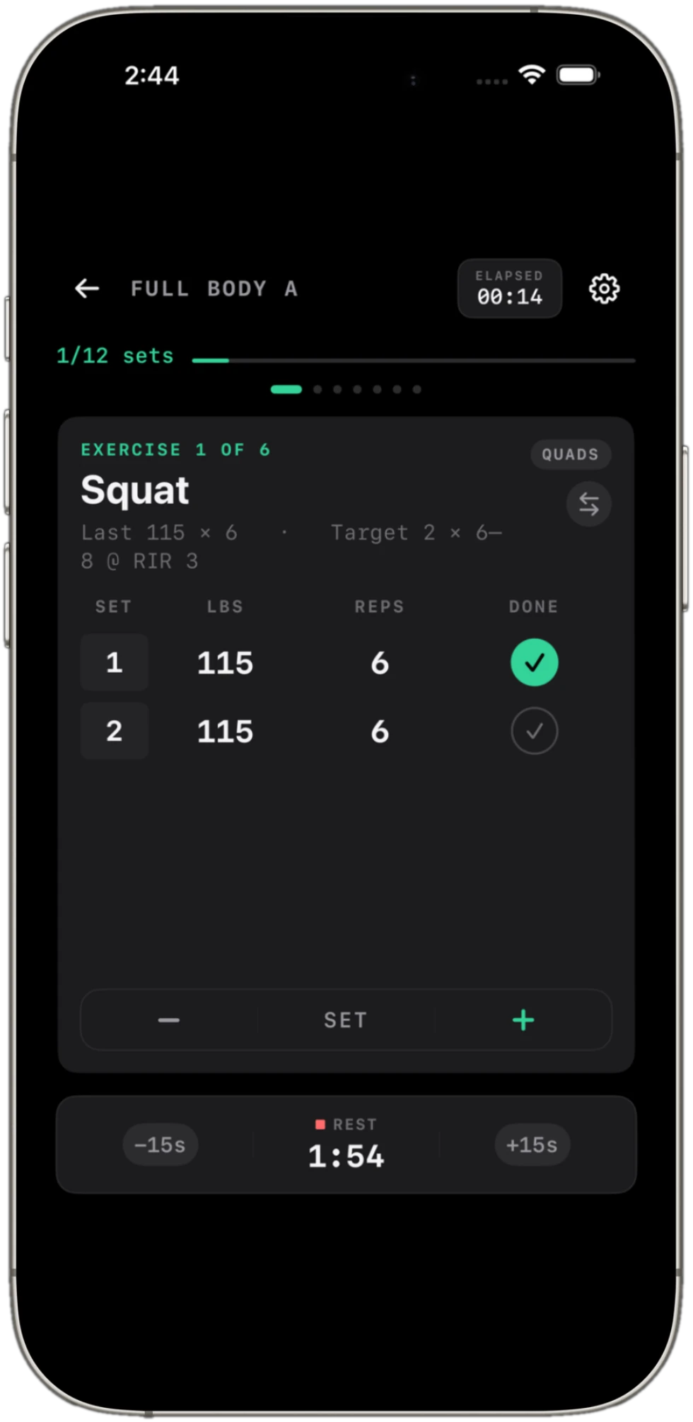 Fortiv strength workout — set logging with progressive overload